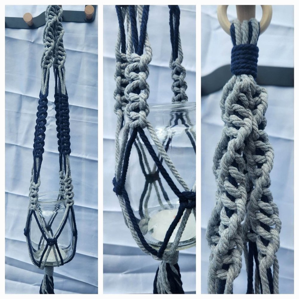 Handmade Homemade Macrame Plant Hanger in Chunky Gray and Navy